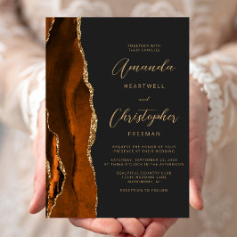 Bränt Orange Agat Guld Script Skiffer Bröllop Inbjudningar