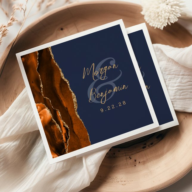 Bränt Orange Agat Guld Skrift Marinblå Bröllop Pappersservett (Skapare uppladdad)