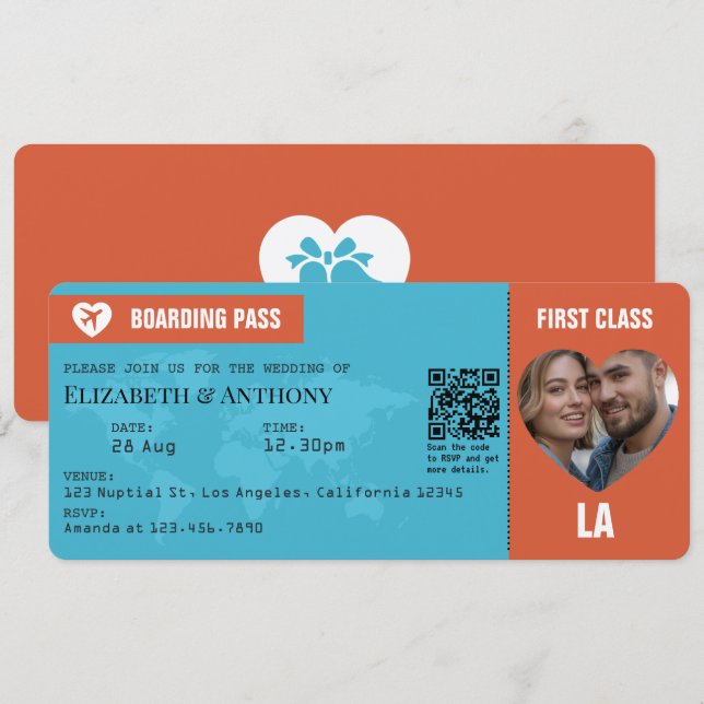Bränt orange & Aqua blå ombordstigningskort bröllo Inbjudningar (Fram/baksida)