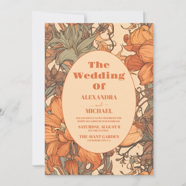Bränt Orange Blommig Art Nouveau Bröllopsinbjudan Inbjudningar (Framsida)