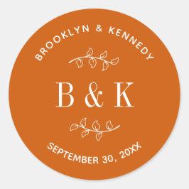 Bränt Orange Blommig Botaniskt Bröllopspar Namn Runt Klistermärke