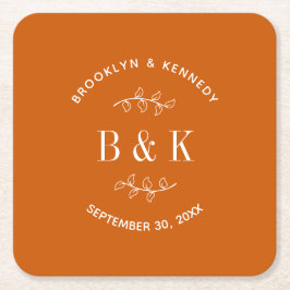 Bränt Orange Blommig Botaniskt Bröllopspar Namn Underlägg Papper Kvadrat