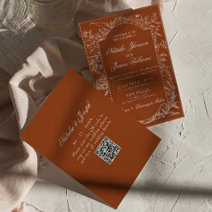 Bränt Orange Blommig Terrakotta QR-kod Bröllop Inbjudningar