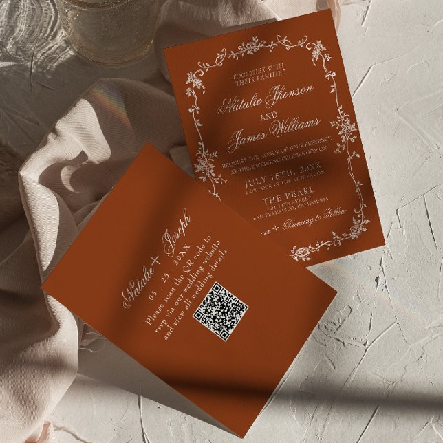 Bränt Orange Blommig Terrakotta QR-kod Bröllop Inbjudningar (Skapare uppladdad)