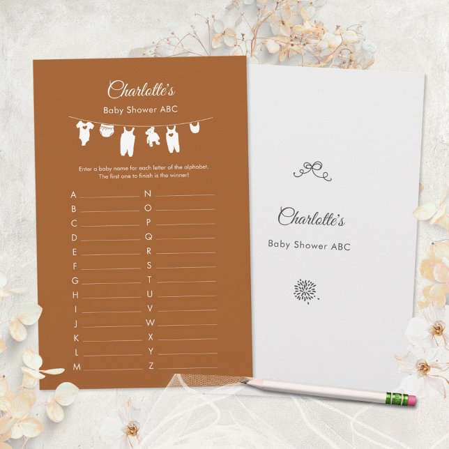 Bränt Orange Boho Minimalistisk Bebis-fest ABC-spe (Boho Cinnamon Gender Neutral Baby Shower ABC Game ©Susanne Sachers - Sunny Mind 🌞)