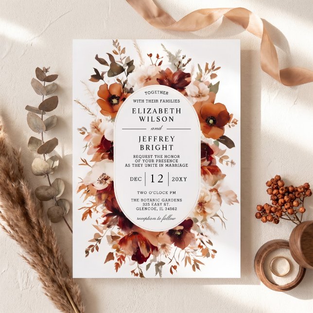 Bränt Orange Burgundy Höst Blommig Bröllop Inbjudningar (Burnt Orange Burgundy Fall Floral Wedding Invitation)