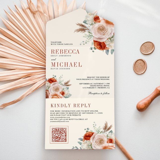 Bränt Orange Elfenbensblomma QR-kod Bröllop (Skapare uppladdad)