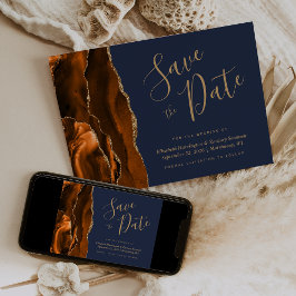 Bränt Orange Guld Agat Marinblå Save the Date Inbjudningar