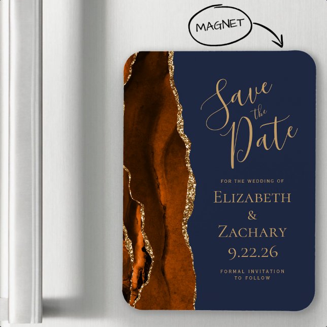 Bränt Orange Guld Agat Marinblå Save the Date Magnet (Skapare uppladdad)