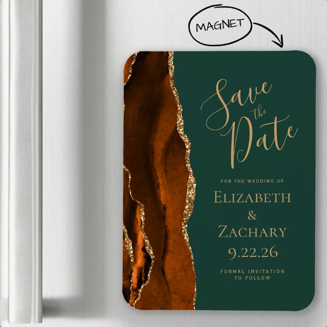 Bränt orange guld Agate Mörkgrön Save the Date Magnet (Skapare uppladdad)