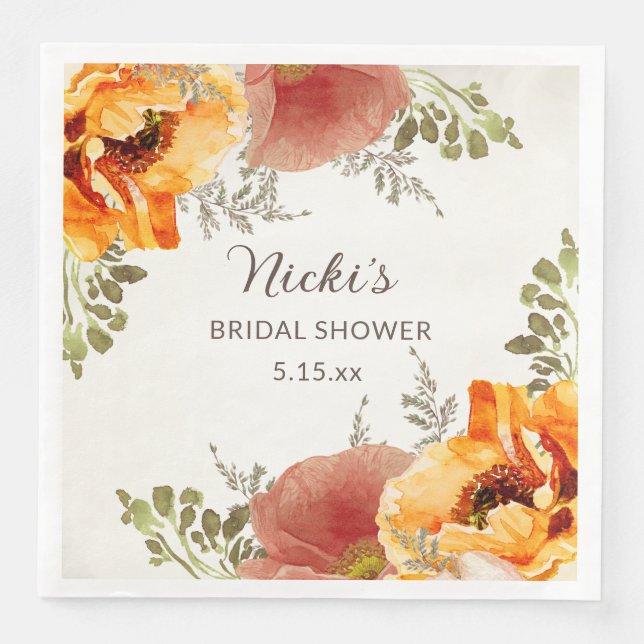 Bränt Orange Höst Höst Floral Bröllopsdusch Namn Pappersservett (Framsida)