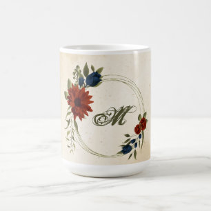bränt orange & marinblå blommor grönska kaffemugg