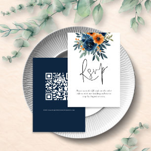 Bränt Orange Marinblå Blommor QR-kod Bröllop OSA Kort