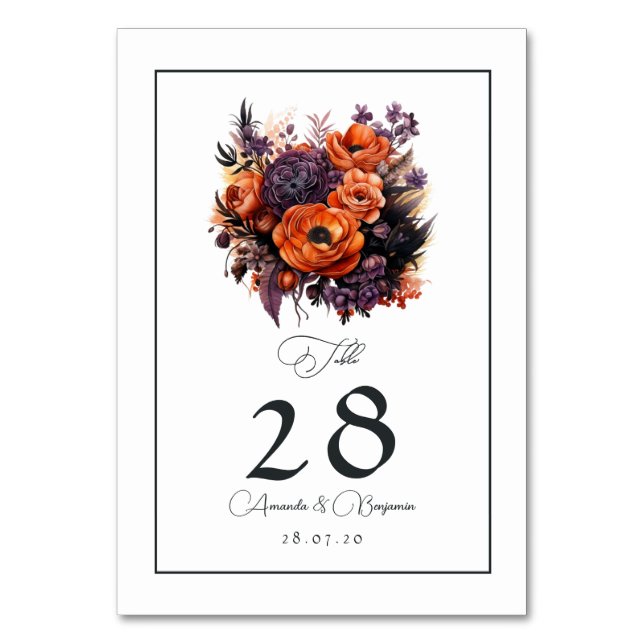 Bränt orange, mörklila och svart blomsterbröllop bordsnummer (Framsidan)