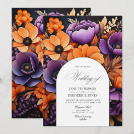 Bränt orange, mörklila och svart blomsterbröllop inbjudningar