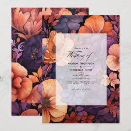 Bränt orange, mörklila och svart blomsterbröllop inbjudningar