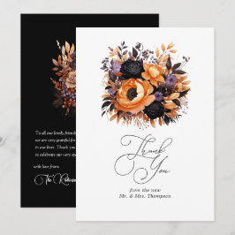 Bränt orange, mörklila och svart blomsterbröllop tack kort