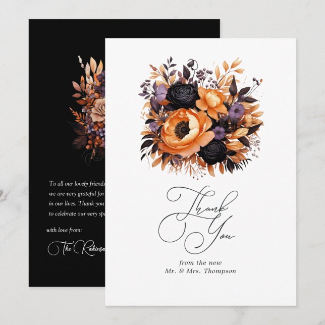 Bränt orange, mörklila och svart blomsterbröllop tack kort (Fram/baksida)