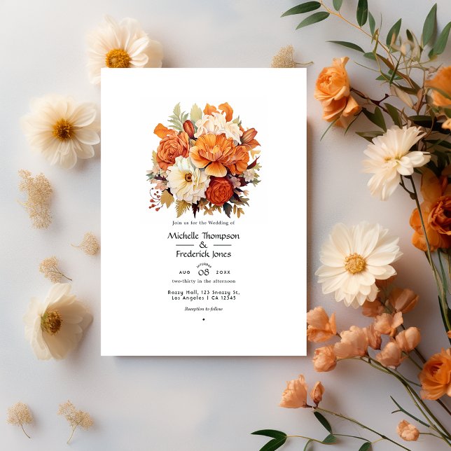Bränt orange och krämfärgad blombröllop inbjudningar (Skapare uppladdad)