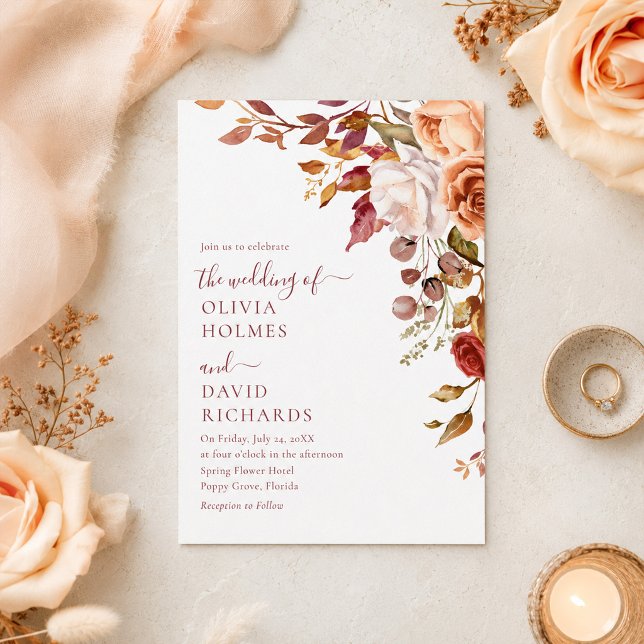 Bränt orange och persika höstblommig bröllop inbjudningar (Burnt Orange & Peach Fall Floral Wedding Invitation)
