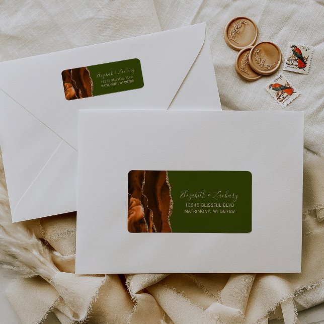 Bränt orange olivgrön returadress för bröllop etikett (Skapare uppladdad)