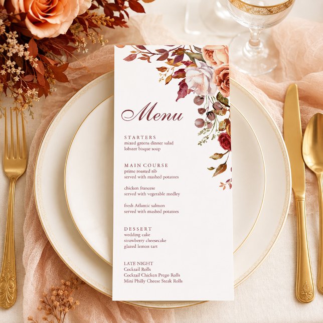 Bränt orange & persika höst blomsterbröllopsmeny meny (Burnt Orange & Peach Autumn Floral Wedding Menu)