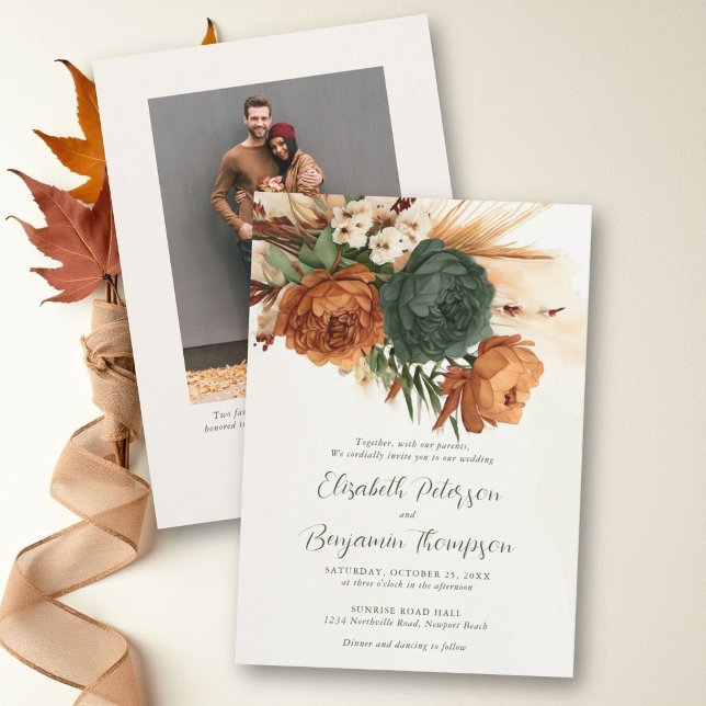 Bränt Orange Rost Grönt Boho Pampas Höstbröllop Inbjudningar (fall wedding invitation burnt orange dark green boho dry floral elegant romantic photo quote)