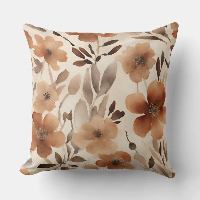 Bränt Orange Rostbrun Beige Akvarellblommor Kudde (Framsida)