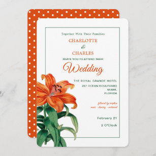Bränt stilfullt blom- bröllop för orange lilja inbjudningar