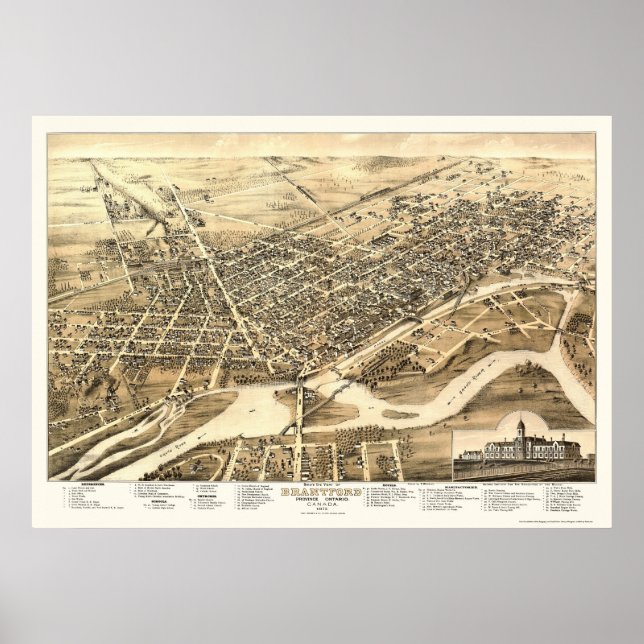 Brantford, ON, Kanada Panoramic Karta - 1875 Poster (Framsidan)