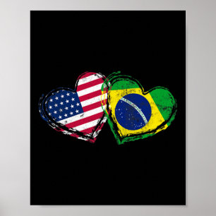 Brasil Amerikansk Flagga Hjärta Brasiliansk Amerik Poster