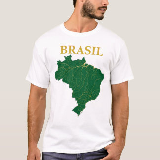 Brasil Map Rivers Gold Green Geography T Shirt