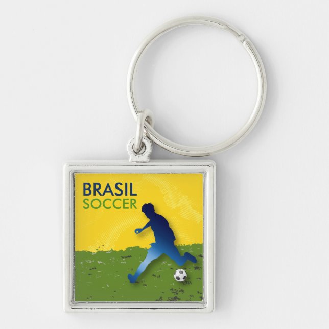 Brasil Soccer Fyrkantig Silverfärgad Nyckelring (Framsidan)