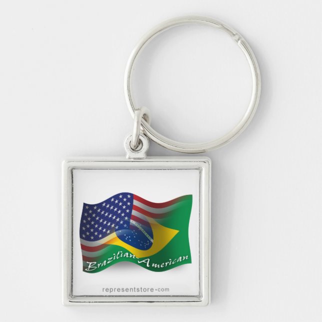 Brasilian-Amerikan som vinkar flagga Fyrkantig Silverfärgad Nyckelring (Framsidan)