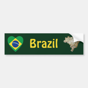 Brasiliansk Flagga Heart + Karta Bumper Sticker Bildekal