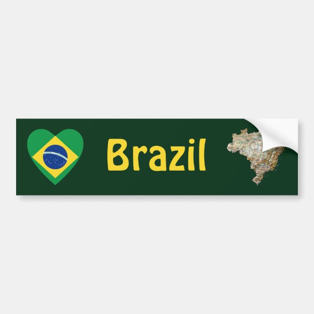 Brasiliansk Flagga Heart + Karta Bumper Sticker Bildekal (Framsidan)