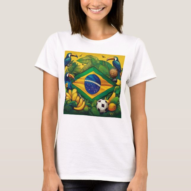 Brasiliansk Flagga med Toucans och Tropical Inslag T Shirt (Framsida)