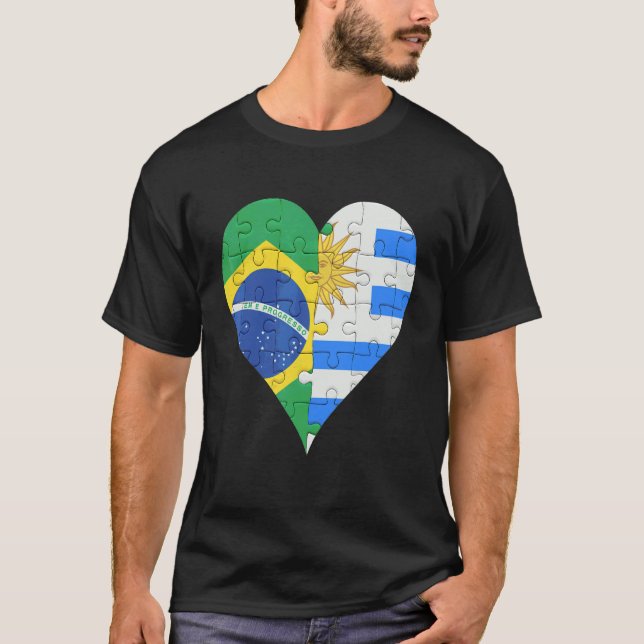 Brasiliansk Uraguyan Flagga Heart T Shirt (Framsida)