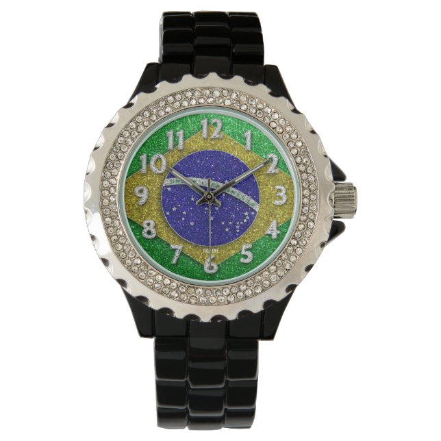 Brasilianska Flagga Brasilien Bling Glitter Mode Armbandsur (Framsida)