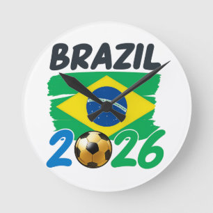 Brasilien 2026 Fotboll Fan Design med flaggfärger Rund Klocka