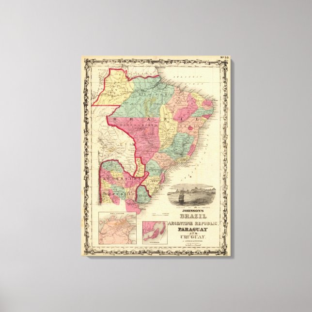 Brasilien, Argentina, Paraguay och Uruguay Canvastryck (Framsida)
