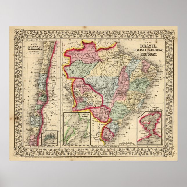 Brasilien, Bolivia, Paraguay, Uruguay Karta av Mit Poster (Framsidan)