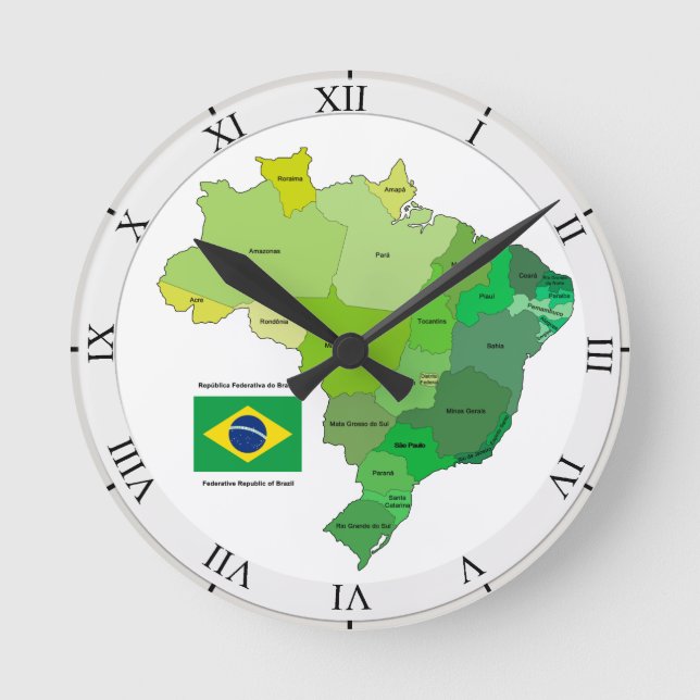 Brasilien flagga och politisk karta rund klocka (Framsida)