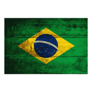Brasilien flagga på gammalt Wood korn Fototryck