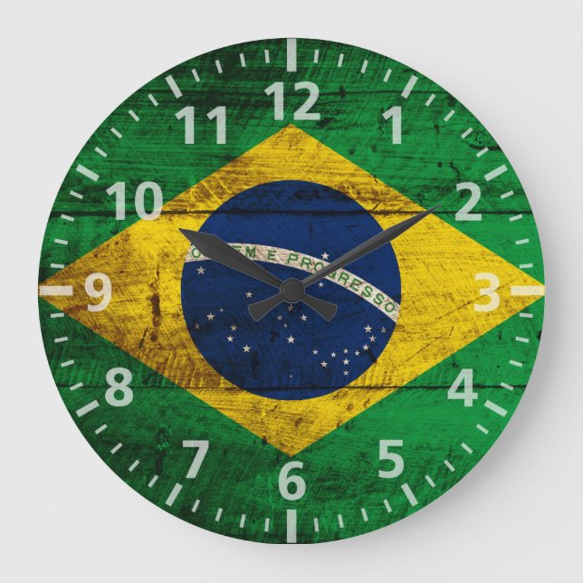 Brasilien flagga på gammalt Wood korn Stor Klocka (Framsida)