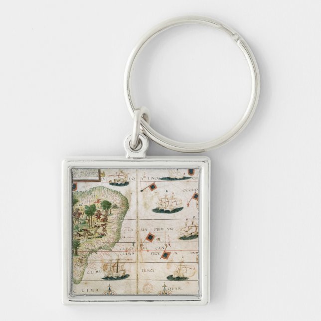 Brasilien från "mjölnarekartboken" vid Pedro Fyrkantig Silverfärgad Nyckelring (Framsidan)