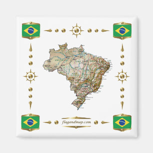 Brasilien Karta + Flaggor Magnet