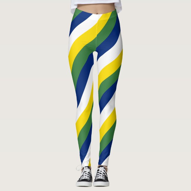 Brasilien National Flagga Färg Diagonal Stried Leggings (Framsida)