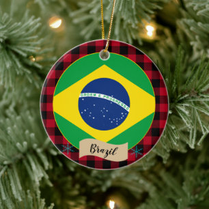 Brasilien, Red buffalo plaid och brasiliansk Flagg Julgransprydnad Keramik
