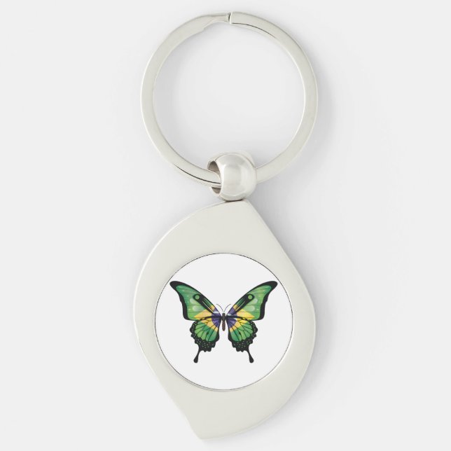 Brasilien Swallowtail Butterfly Flagga Sticker Swirl Silverfärgad Nyckelring (Framsidan)
